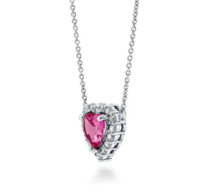 Halo Heart Pink CZ Pendant Necklace in Sterling Silver