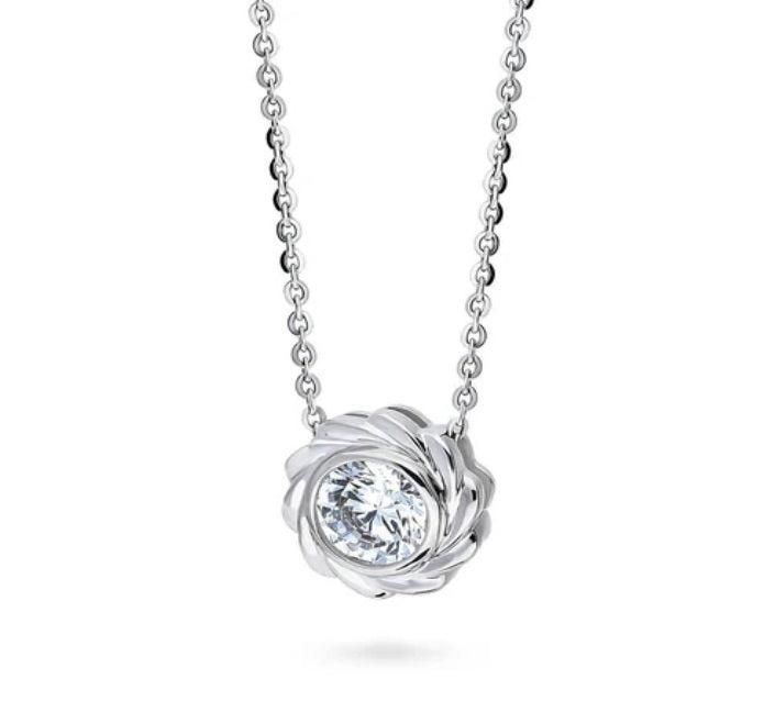 Woven Solitaire Bezel Set CZ Pendant Necklace in Sterling Silver
