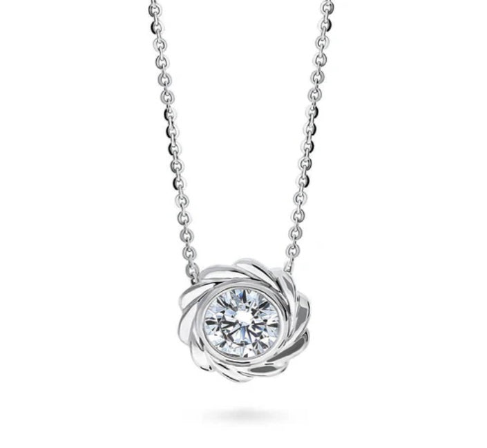 Woven Solitaire Bezel Set CZ Pendant Necklace in Sterling Silver
