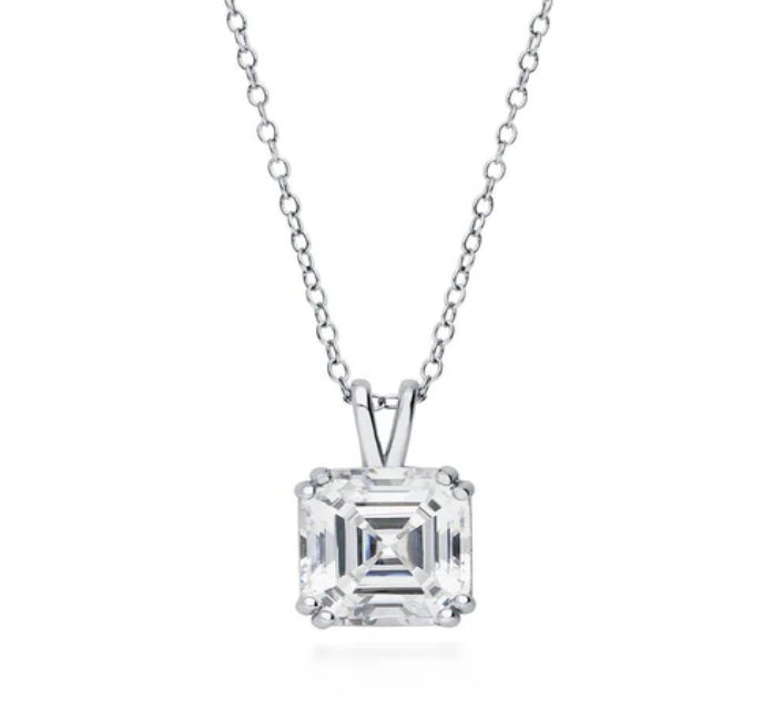Solitaire 6ct Asscher CZ Pendant Necklace in Sterling Silver, 2 Piece