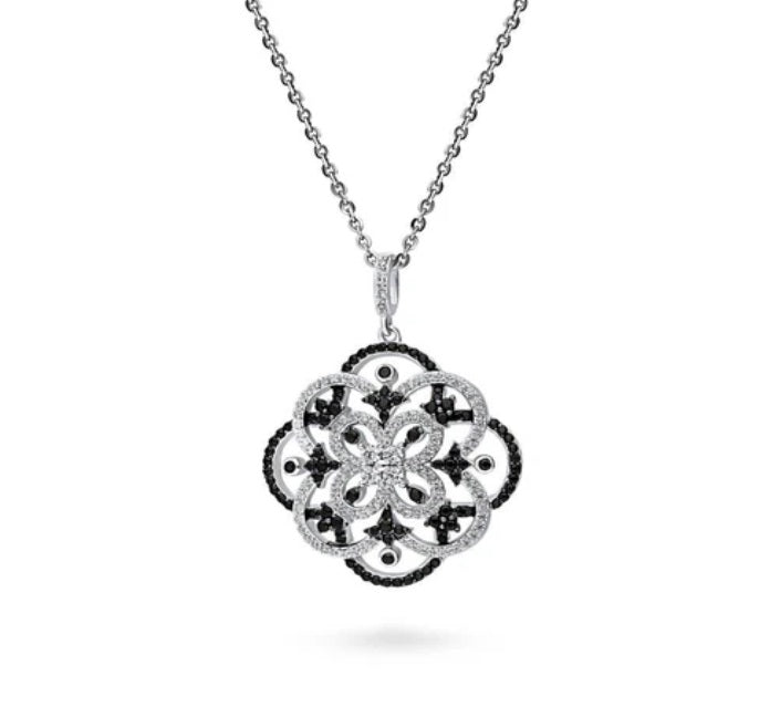 Flower Black and White CZ Statement Pendant Necklace in Sterling Silver