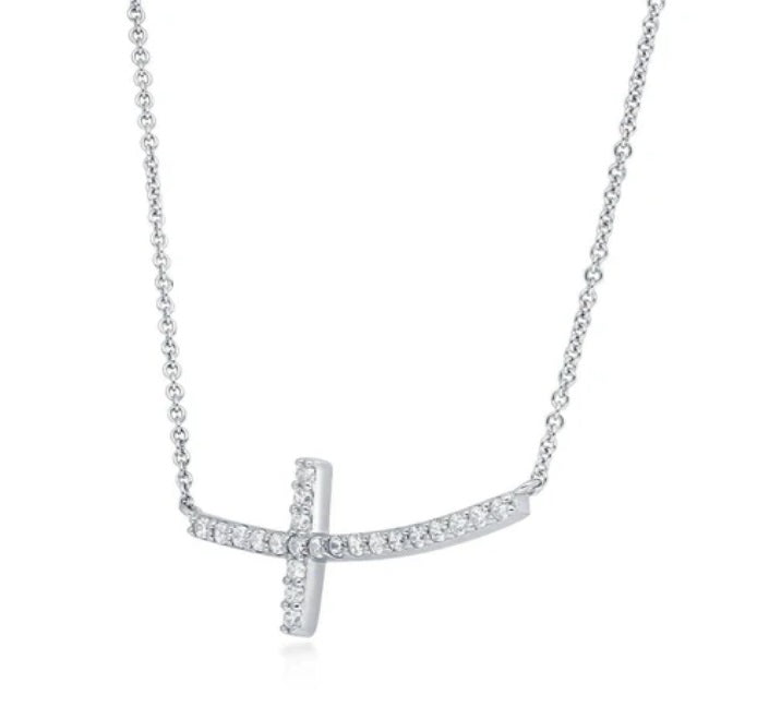Sideways Cross CZ Pendant Necklace in Sterling Silver