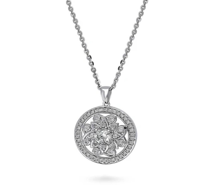 Flower Medallion CZ Pendant Necklace in Sterling Silver