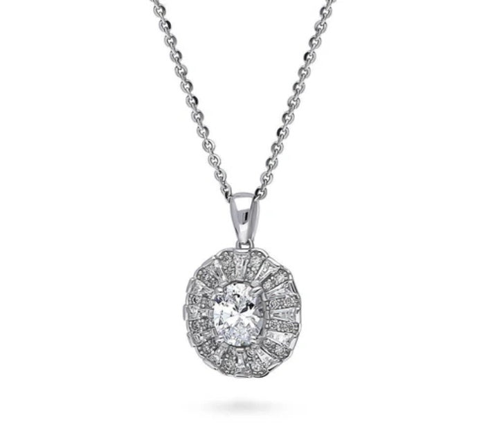 Halo Art Deco Oval CZ Pendant Necklace in Sterling Silver