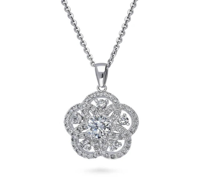Flower CZ Pendant Necklace in Sterling Silver