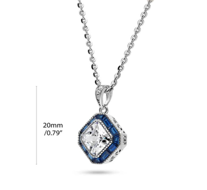 Halo Art Deco Princess CZ Pendant Necklace in Sterling Silver
