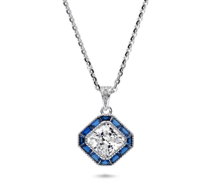 Halo Art Deco Princess CZ Pendant Necklace in Sterling Silver