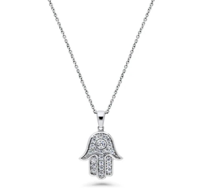 Hamsa Hand CZ Pendant Necklace in Sterling Silver
