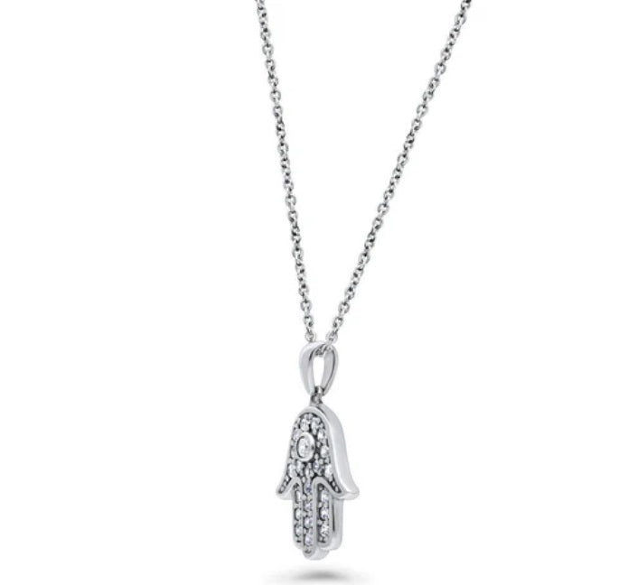 Hamsa Hand CZ Pendant Necklace in Sterling Silver