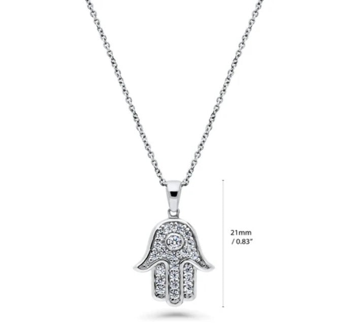 Hamsa Hand CZ Pendant Necklace in Sterling Silver