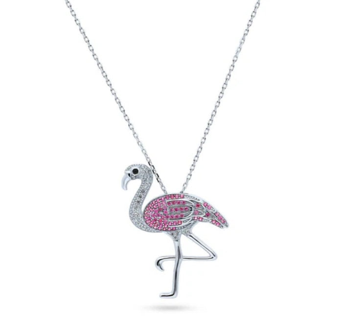 Flamingo CZ Pendant Necklace in Sterling Silver