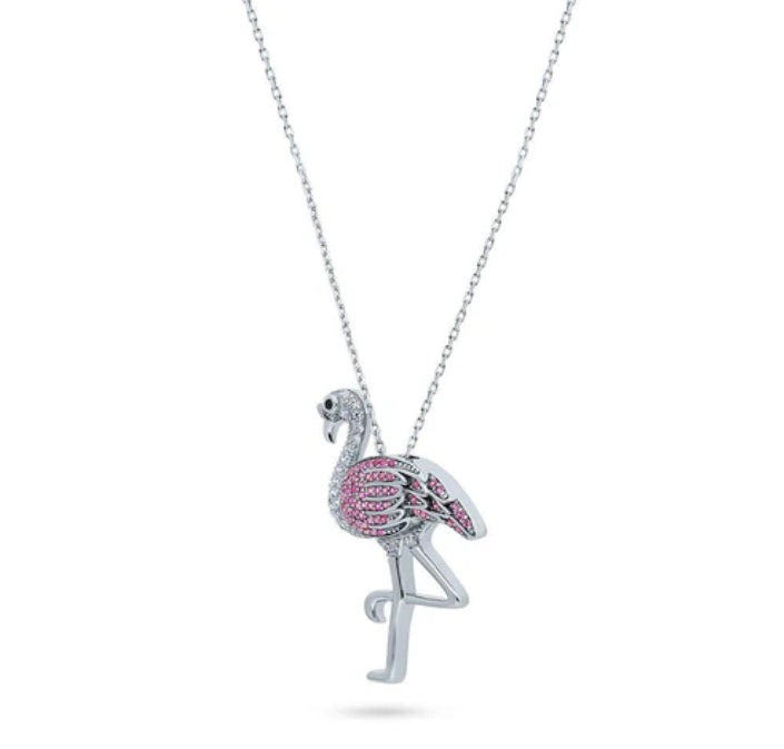 Flamingo CZ Pendant Necklace in Sterling Silver