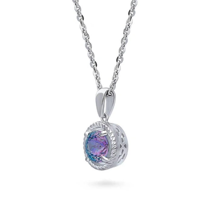 Solitaire Purple Aqua Round CZ Necklace in Sterling Silver 1.25ct