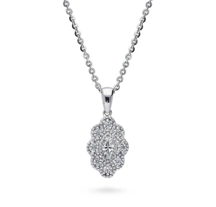 Halo Navette Marquise CZ Pendant Necklace in Sterling Silver