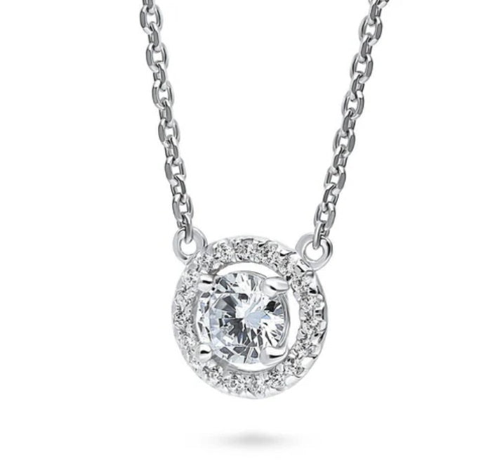 Halo Round CZ Pendant Necklace in Sterling Silver