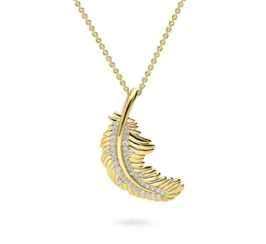 Feather CZ Pendant Necklace in Gold Flashed Sterling Silver