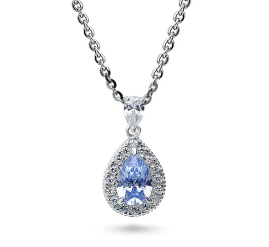 Halo Blue Pear CZ Pendant Necklace in Sterling Silver