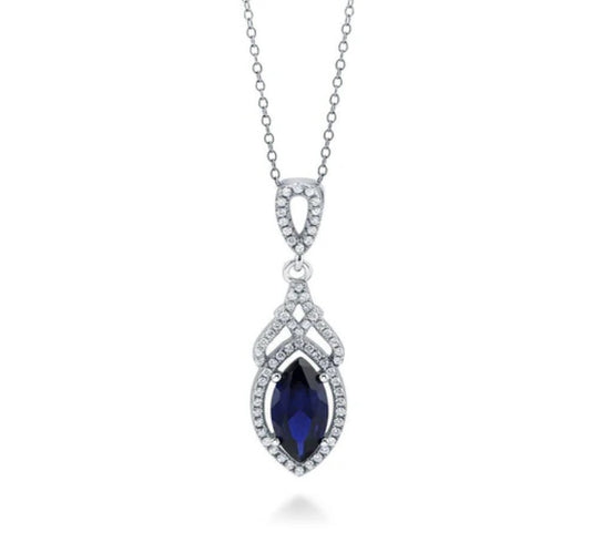 Halo Simulated Blue Sapphire Marquise CZ Necklace in Sterling Silver