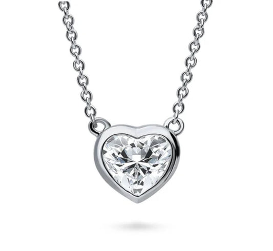 Solitaire Bezel Set Heart CZ Pendant Necklace in Sterling Silver 0.7ct