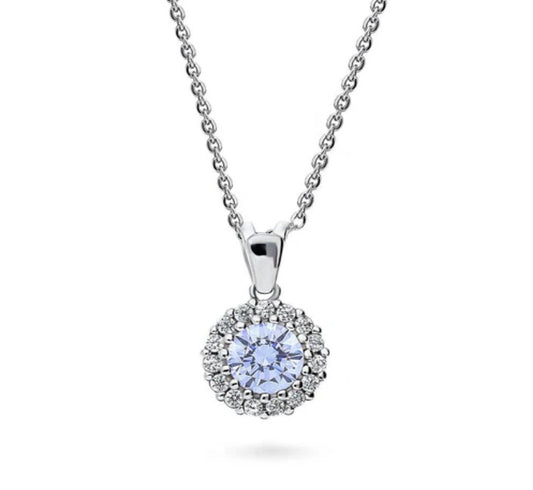 Halo Greyish Blue Round CZ Pendant Necklace in Sterling Silver