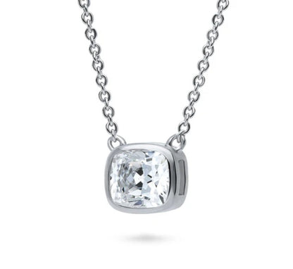 Solitaire Bezel Set Cushion CZ Necklace in Sterling Silver 1.25ct