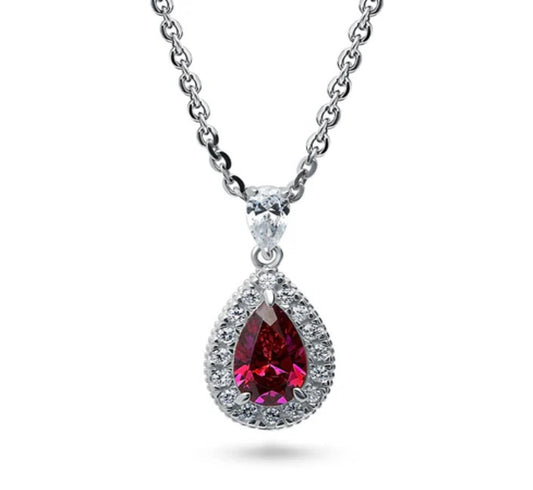 Halo Red Pear CZ Pendant Necklace in Sterling Silver