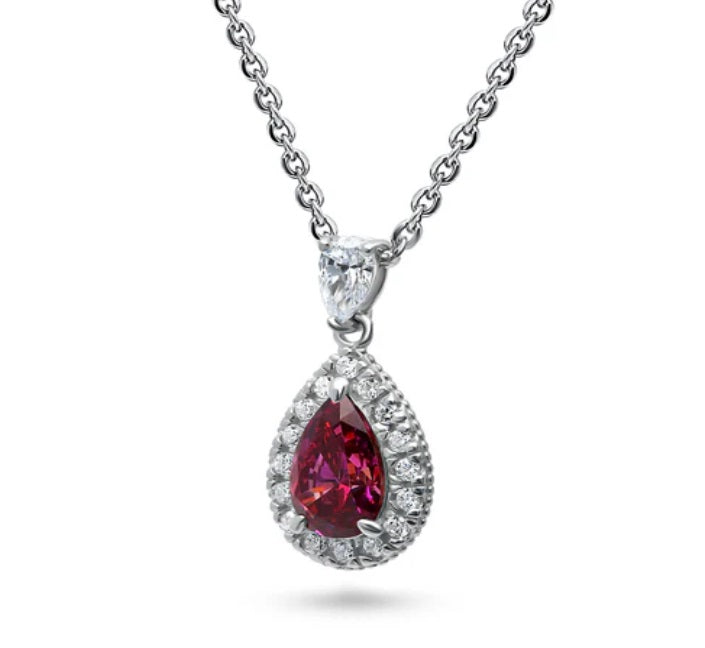 Halo Red Pear CZ Pendant Necklace in Sterling Silver