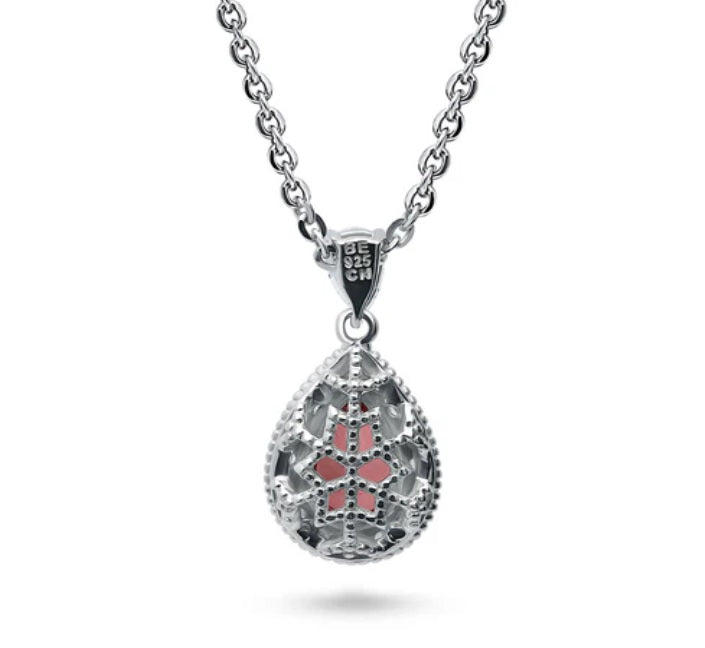 Halo Red Pear CZ Pendant Necklace in Sterling Silver