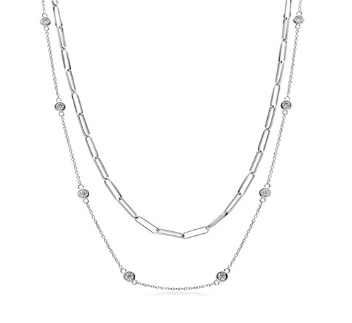 Paperclip CZ by the Yard Chain Necklace in Sterling Silver, 2 Piece