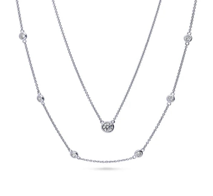Solitaire 0.45ct Round CZ Pendant Station Necklace in Sterling Silver
