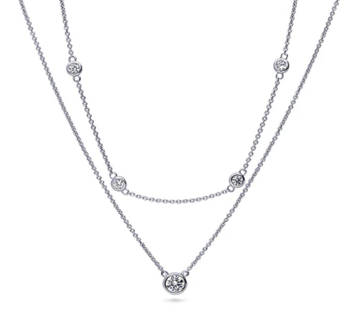 Solitaire 0.45ct Round CZ Pendant Station Necklace in Sterling Silver