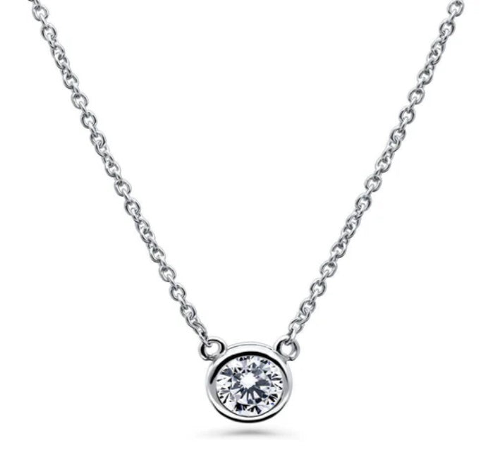 Solitaire 0.45ct Round CZ Pendant Station Necklace in Sterling Silver