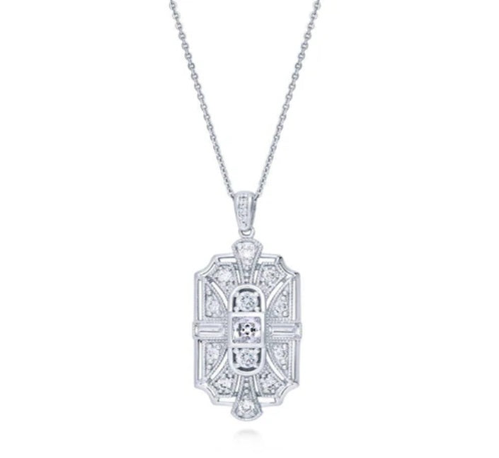 Art Deco Milgrain CZ Pendant Necklace in Sterling Silver