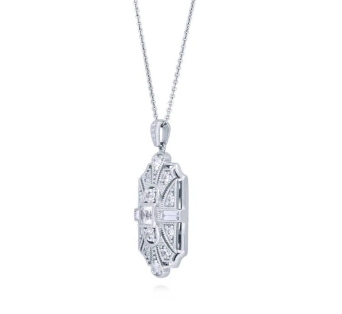 Art Deco Milgrain CZ Pendant Necklace in Sterling Silver