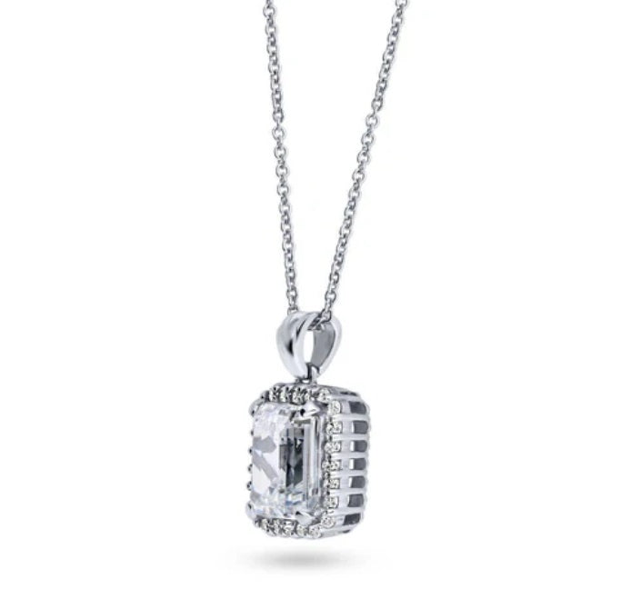 Halo Emerald Cut CZ Pendant Necklace in Sterling Silver