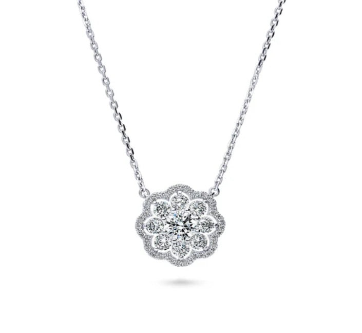 Flower Halo CZ Pendant Necklace in Sterling Silver