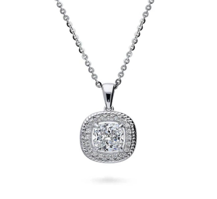 Halo Woven Cushion CZ Pendant Necklace in Sterling Silver