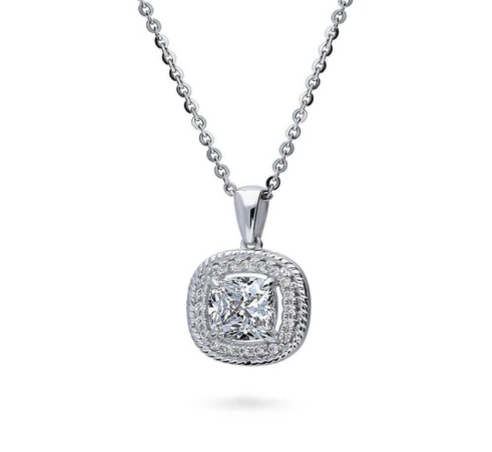 Halo Woven Cushion CZ Pendant Necklace in Sterling Silver
