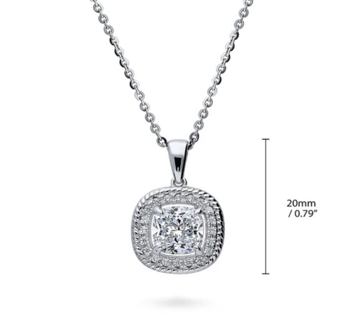 Halo Woven Cushion CZ Pendant Necklace in Sterling Silver