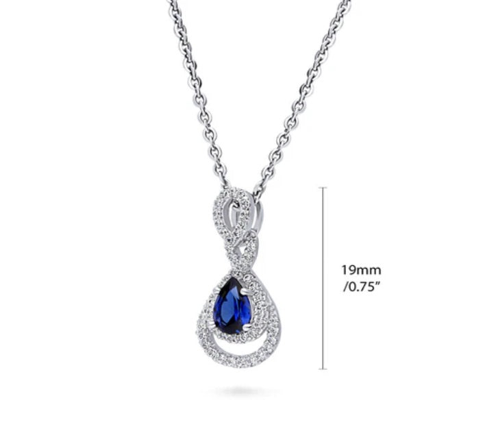 Teardrop Simulated Blue Sapphire CZ Pendant Necklace in Sterling Silver