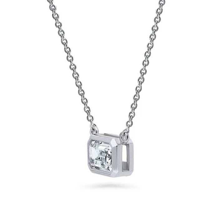 Solitaire 1ct Bezel Set Emerald Cut CZ Necklace in Sterling Silver