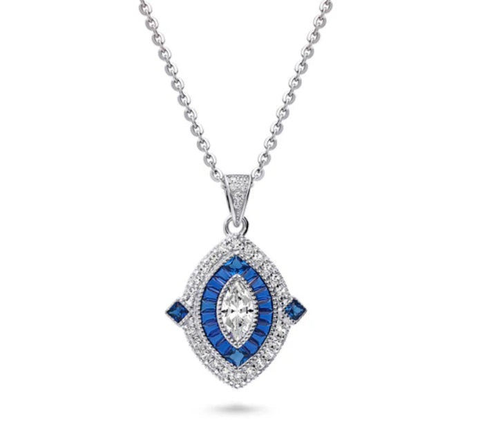 Navette Halo CZ Pendant Necklace in Sterling Silver