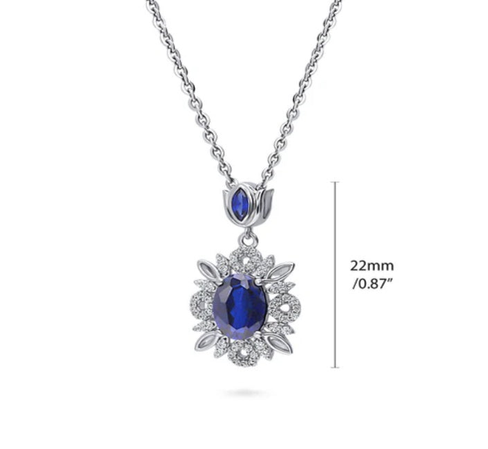 Flower Halo Simulated Blue Sapphire CZ Necklace in Sterling Silver