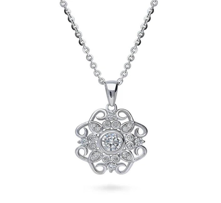 Flower Halo CZ Pendant Necklace in Sterling Silver