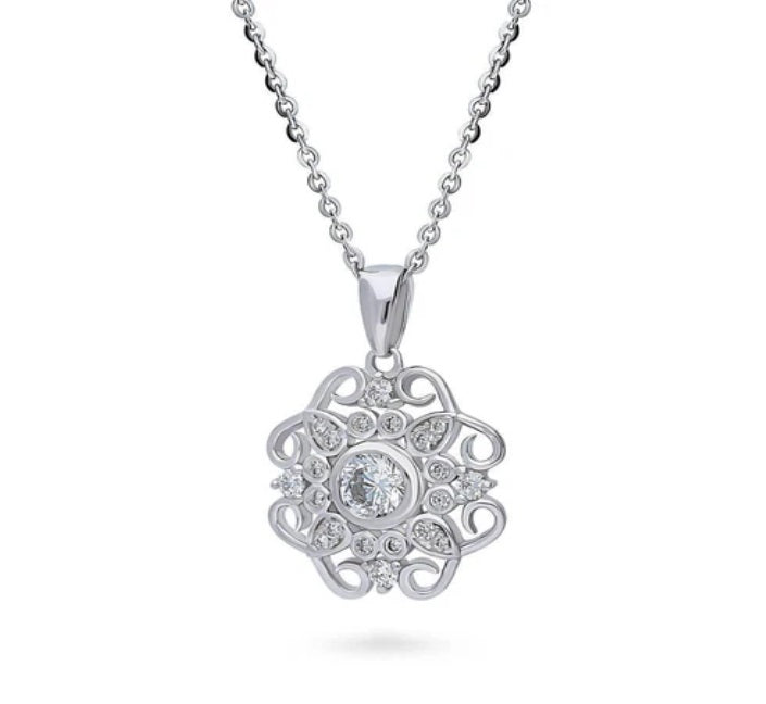 Flower Halo CZ Pendant Necklace in Sterling Silver