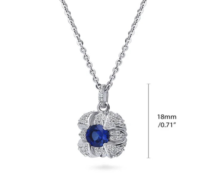Square Simulated Blue Sapphire CZ Pendant Necklace in Sterling Silver