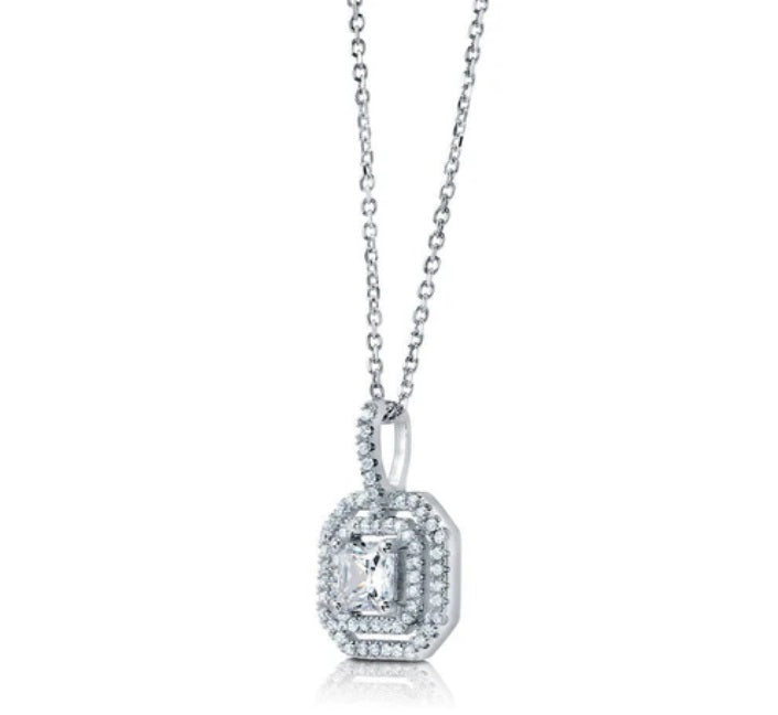 Halo Princess CZ Pendant Necklace in Sterling Silver