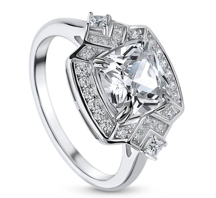Halo Arrow Cushion CZ Statement Ring in Sterling Silver