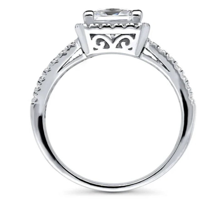Halo Princess CZ Split Shank Ring in Sterling Silver