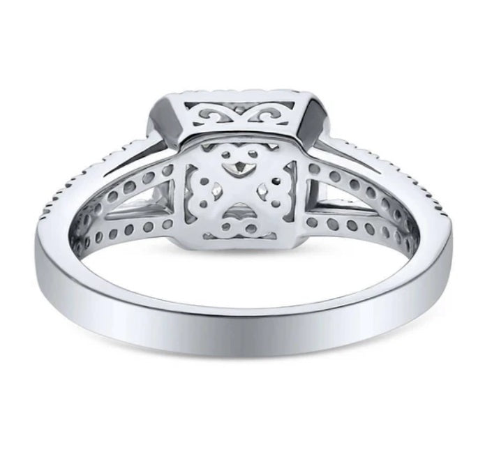 Halo Princess CZ Split Shank Ring in Sterling Silver